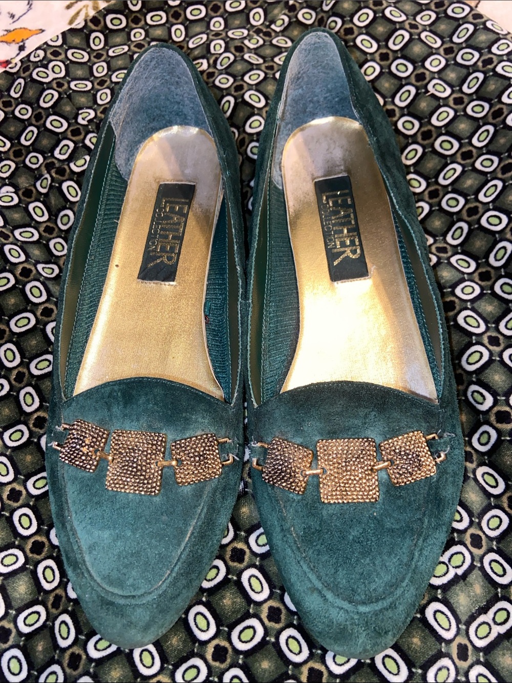 DARK GREEN LEATHER LOAFERS Vintage Gold Tone Buckles